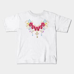 Pink Orchids with Beads and Gold Key Kids T-Shirt